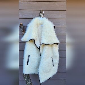 Cream Fuzzy Vest with  Trim